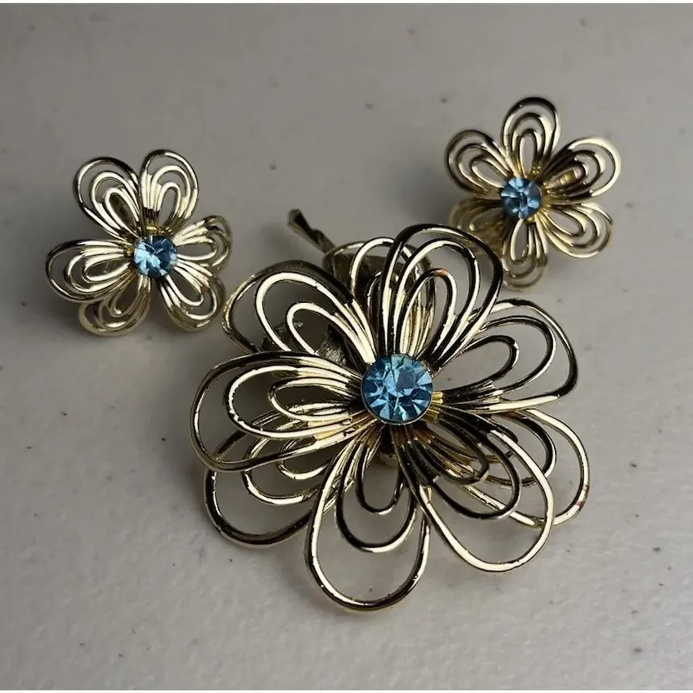 Gold Tone Wire Flower Blue Rhinestone Screw Back Earrings & Brooch Pin Set MCM